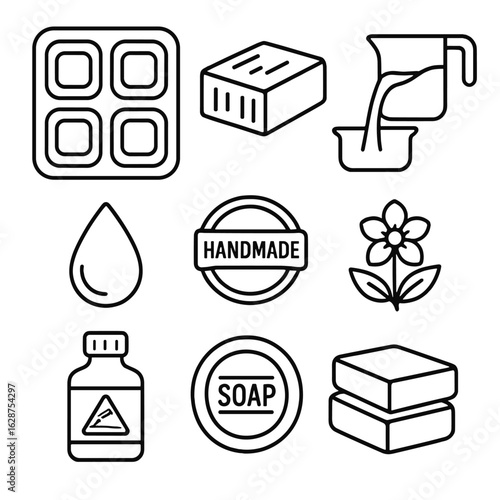 Soap Crafting Icons. Outline style icons of Soap Crafting: soap mold tray, cut soap bar, pouring mixture, essential oil drop, soap