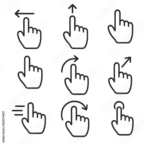 Swipe Gesture Icons. Outline style icons of Swipe Gestures: swipe left, swipe right, swipe up, swipe down, curved swipe, diagonal