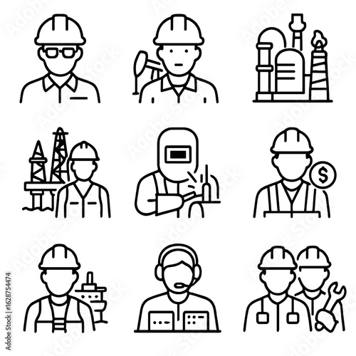 Oil and Gas Icons. Outline style icons of Oil and Gas Workers: engineer with helmet, oilfield technician, refinery operator,