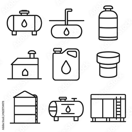 Fuel Storage Icons. Outline style icons of Fuel Storage: fuel tank icon, underground reservoir, vertical cylinder tank, rooftop