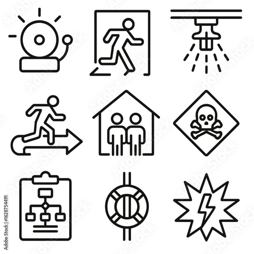 Emergency Protocol Icons. Outline style icons of Emergency Protocol: alarm bell icon, evacuation sign, fire suppression system,