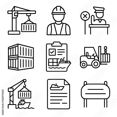 Port Operations Icons. Outline style icons of Port Operations: container crane, dock worker icon, port truck, customs checkpoint,
