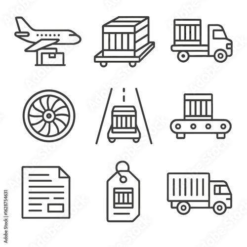 Air Transport Icons. Outline style icons of Air Transport Logistics: cargo airplane, air freight container, airport pallet loader,