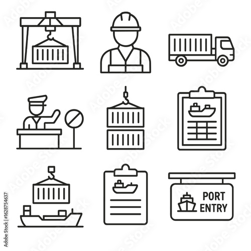 Port Operations Icons. Outline style icons of Port Operations: container crane, dock worker icon, port truck, customs checkpoint,