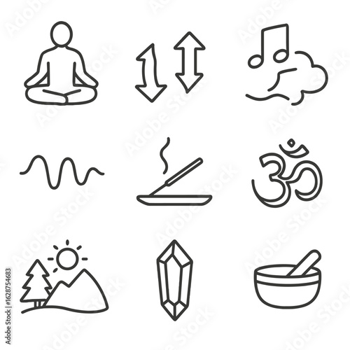 Mindfulness Meditation Icons. Outline style icons of Mindfulness and Meditation: seated lotus pose, inhale exhale arrows, calming