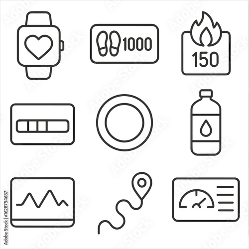 Fitness Tracking Icons. Outline style icons of Fitness Tracking: smartwatch with heart, steps counter, calories burned symbol,