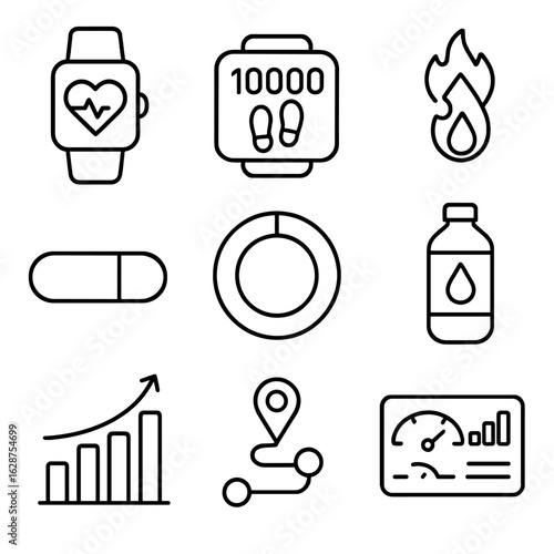 Fitness Tracking Icons. Outline style icons of Fitness Tracking: smartwatch with heart, steps counter, calories burned symbol,