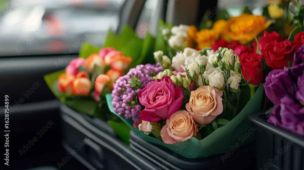 Obraz premium Colorful flower bouquets arranged in a vehicle for delivery during a sunny day in a bustling city