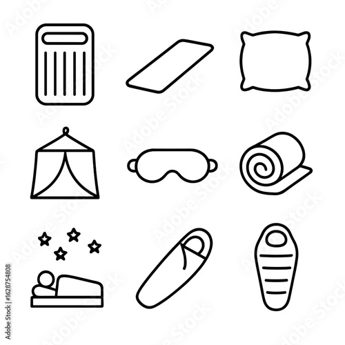 Sleeping Gear Icons. Outline style icons of Sleeping Arrangements: inflatable mattress, foam pad, pillow, bug net, sleep mask,
