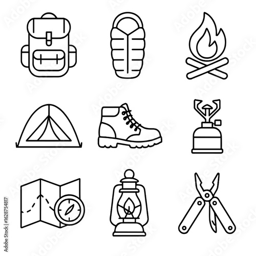 Camping Essentials Icons. Outline style icons of Camping Essentials: backpack, sleeping bag, campfire, tent, hiking boots,