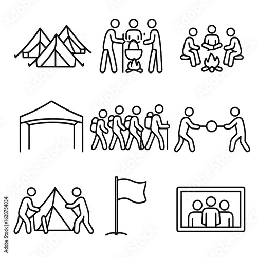 Group Camping Icons. Outline style icons of Group Camping: multiple tents, group cooking, shared campfire, large canopy, group