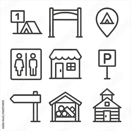 Campground Icon Set. Outline style icons of Campgrounds and Signs: numbered campsite, welcome sign, tent icon marker, restroom