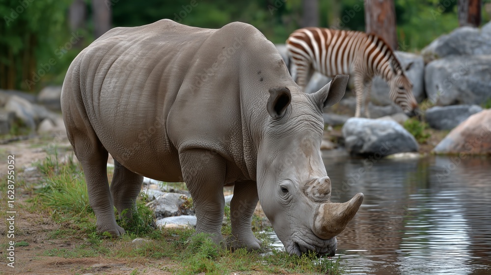 Fototapeta premium Rhinoceros drinking water beside a zebra in a natural habitat during daytime