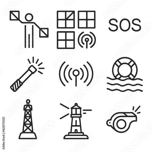 Maritime Signal Icons. Outline style icons of Signal Flags and Codes: flag semaphore, maritime signal flags, SOS symbol, flare