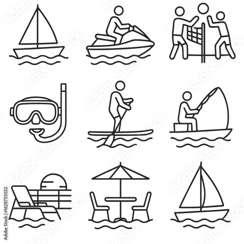 Maritime Leisure Icons. Outline style icons of Maritime Leisure: sailing club icon, jet ski, beach volleyball, snorkeling gear,