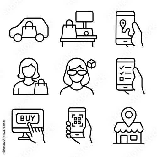 Shopping Method Icons. Outline style icons of Shopping Methods: curbside pickup, self-checkout, in-store navigation app, personal