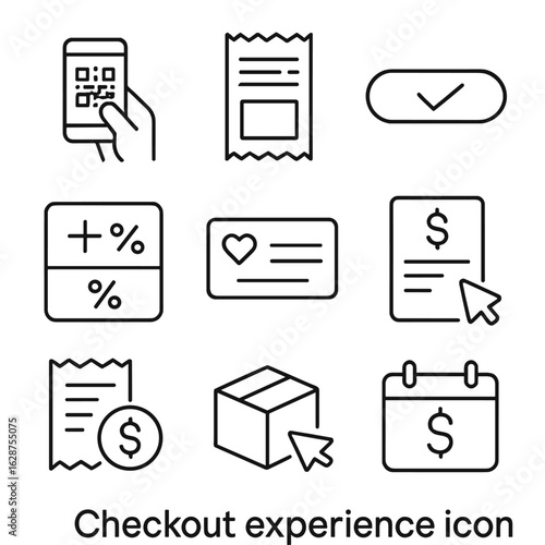 Checkout Icons Outline. Outline style icons of Checkout Experience: scan and pay, digital receipt icon, confirm order button, tax