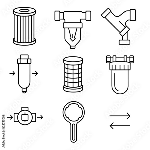Mechanical Filtration Icons. Outline style icons of Mechanical Filtration Units: cartridge filter, spin-down sediment trap,