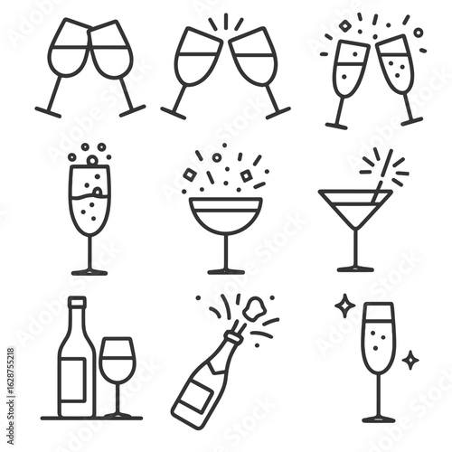 Party Celebration Icons. Outline style icons of Party and Celebration Glasses: clinking glasses icon, toasting drink silhouettes,