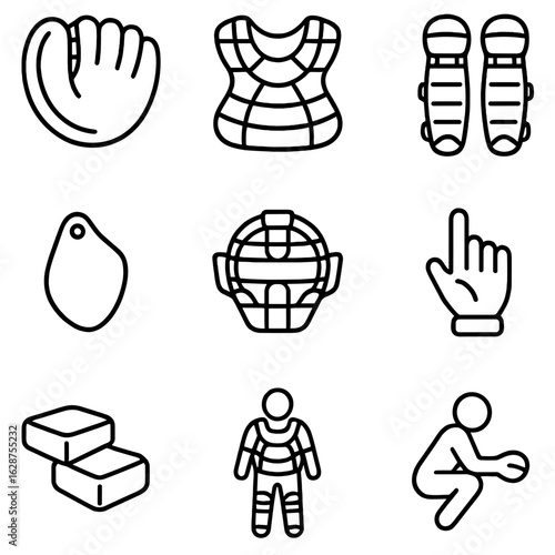 Catcher's Gear Icons. Outline style icons of Catcher’s Gear: catcher’s mitt, chest protector outline, leg guards, throat guard,