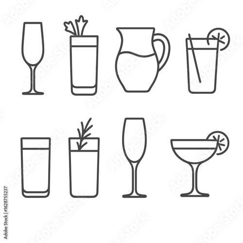 Brunch Drinkware Icons. Outline style icons of Brunch Drinkware: mimosa flute, Bloody Mary glass, brunch cocktail pitcher, spiced