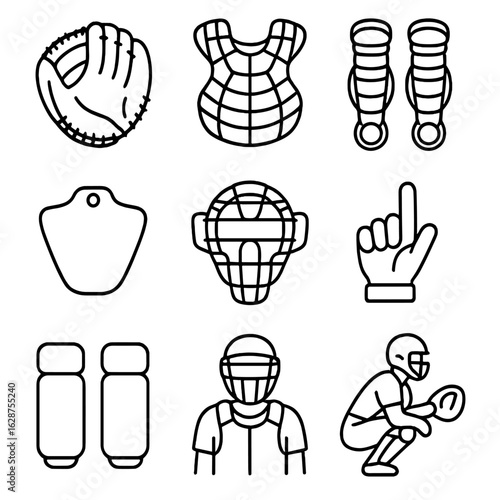 Catcher's Gear Icons. Outline style icons of Catcher’s Gear: catcher’s mitt, chest protector outline, leg guards, throat guard,