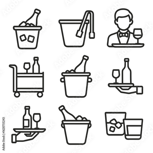 Outline Icons Beverage Service. Outline style icons of Ice Bucket and Drink Service: ice bucket with bottle, bucket and tongs,