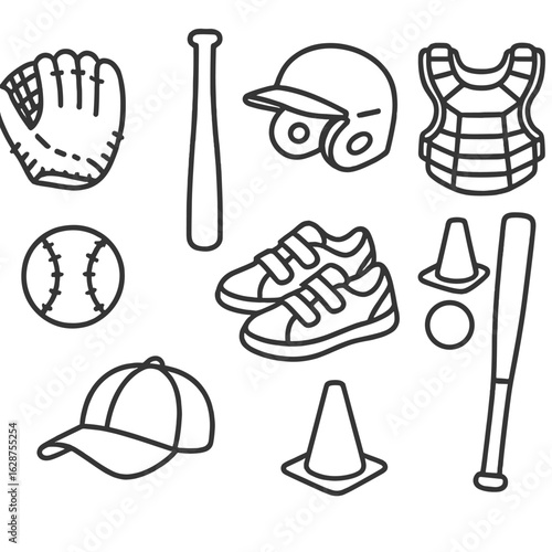 Youth Baseball Gear Icons. Outline style icons of Youth Baseball Gear: kid-size glove, youth bat, tee-ball helmet, lightweight