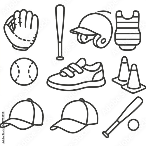 Youth Baseball Gear Icons. Outline style icons of Youth Baseball Gear: kid-size glove, youth bat, tee-ball helmet, lightweight