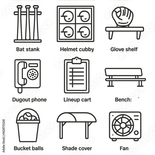 Dugout Accessories Icons. Outline style icons of Dugout Accessories: bat stand, helmet cubby, glove shelf, dugout phone, lineup