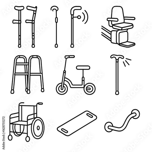 Mobility Aids Icons. Outline style icons of Mobility Aids: forearm crutches, cane with sensor, stair lift, mobility walker, knee