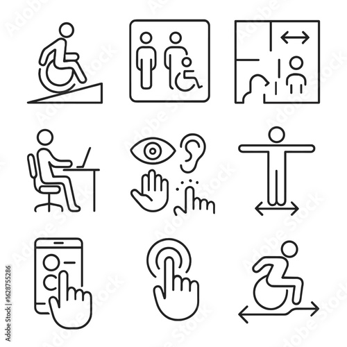 Universal Design Icons. Outline style icons of Universal Design Principles: barrier-free icon, inclusive signage, adaptable layout