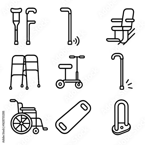 Mobility Aids Icons. Outline style icons of Mobility Aids: forearm crutches, cane with sensor, stair lift, mobility walker, knee
