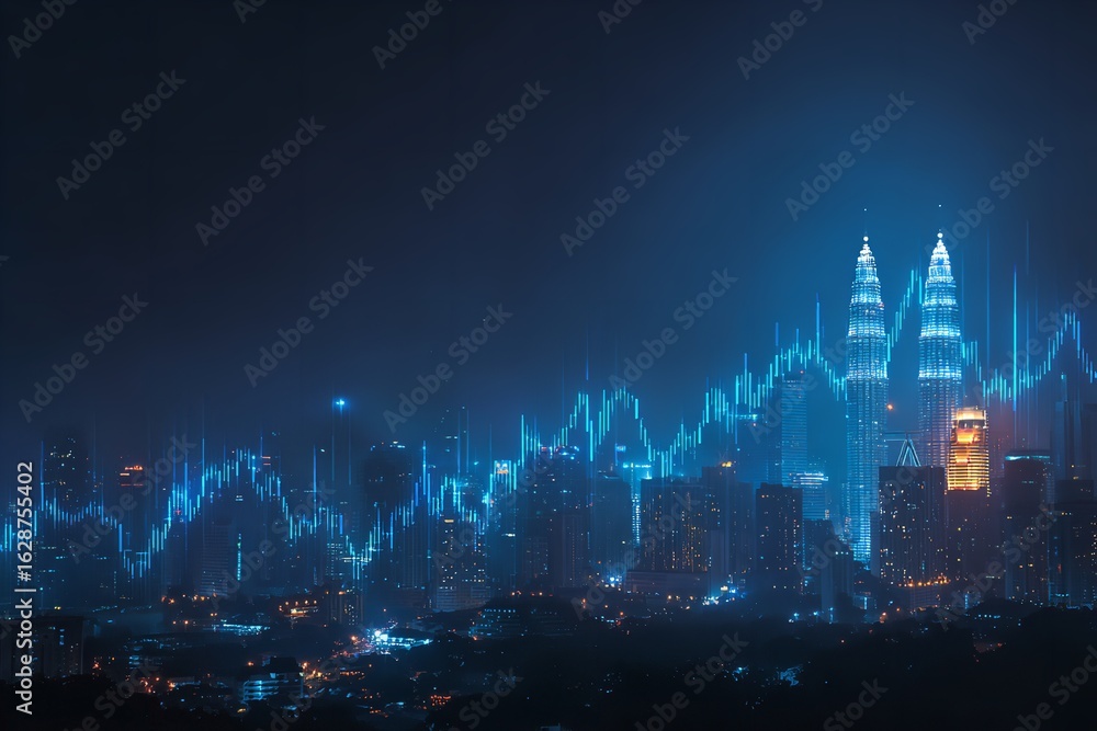 Fototapeta premium Kuala Lumpur skyline with stock market chart overlay in the night