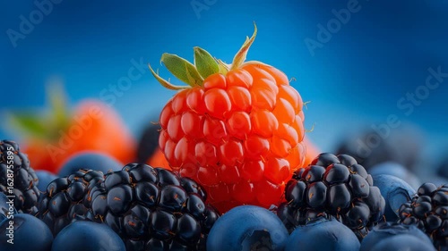 Close-up of fresh berries. Orange raspberries surrounded by dark blackberries and blueberries. Colorful and appetizing background for culinary projects, advertising and healthy eating.
