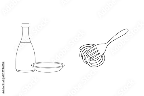Bottle dish and fork with pasta spaghetti