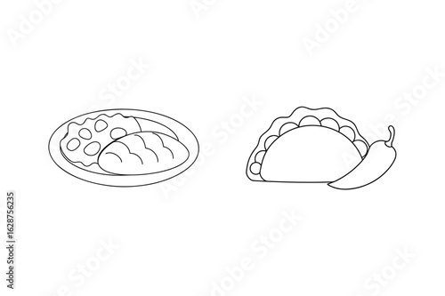 Mexican food plate and taco with chili pepper