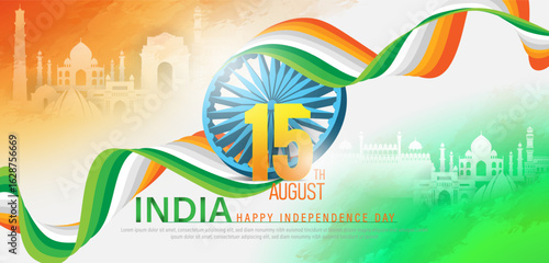 15 th August Indian Independence Day banner template design with Indian flag and silhouette of Indian monument.