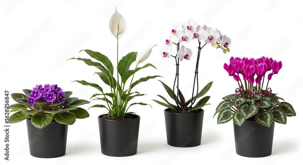 Fototapeta premium Four potted flowering plants isolated on white background
