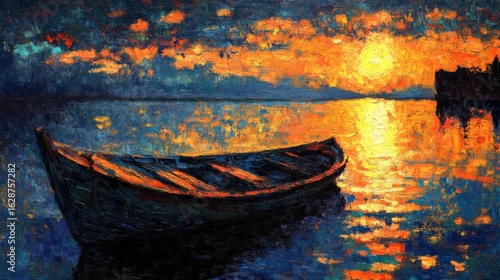 An enchanting view of a serene sunset reflecting off calm waters, showcasing a tranquil boat silhouette as the sun dips below the horizon, capturing nature's beauty and peace.