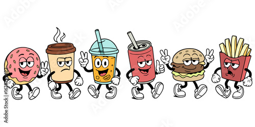retro-style cartoon food and drink characters walking in a line, including a donut, coffee, soda, boba tea, burger, and fries, each with expressive faces and gestures.
