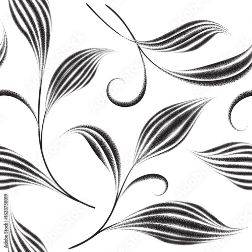 Seamless pattern with flourish leaves. Floral summer nature swirl line decora...