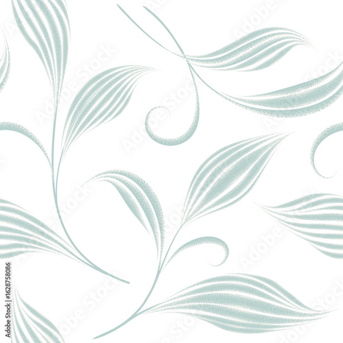 Seamless pattern with flourish leaves. Floral summer nature swirl line decora...