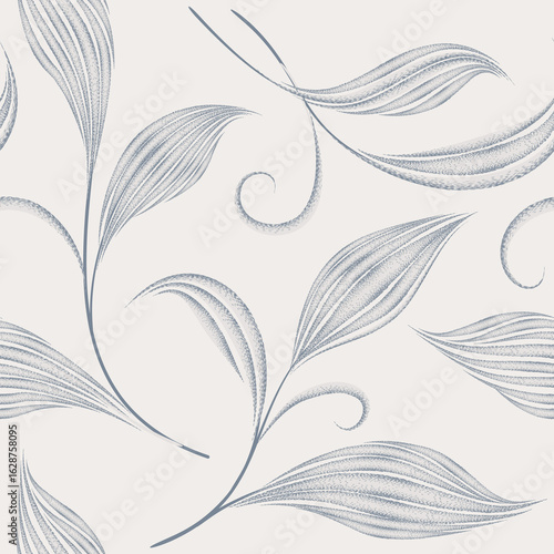 Seamless pattern with flourish leaves. Floral summer nature swirl line decora...