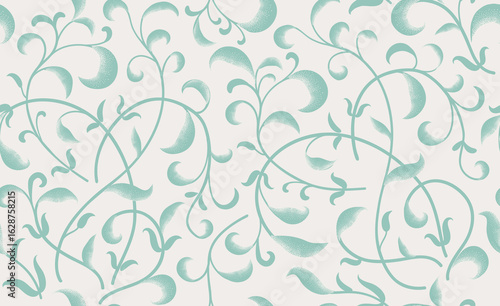 Seamless pattern with branches of flowers and leaves. Flourish summer nature swirl line decorative texture. Vector flourish artistic illustration in retro graphic style