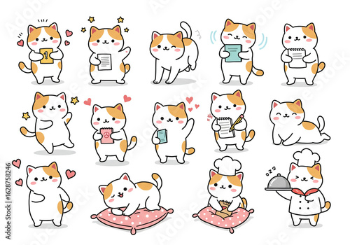 Collection of Adorable Kawaii Cat Illustrations Expressing Various Emotions and Activities