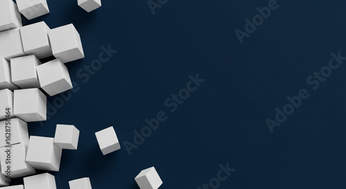 Abstract Geometric Composition of Scattered White Cubes on a Deep Blue Background