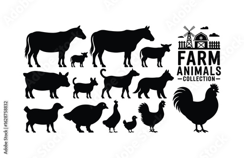 Farm Animal Silhouettes with Barn and Windmill Graphic