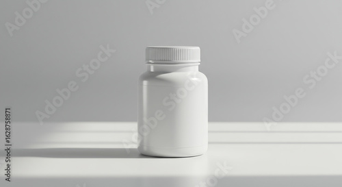 A white plastic bottle with a white cap sits on a white surface with light shining from the left