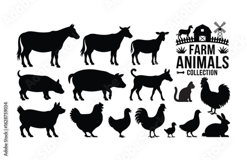 Black Silhouettes of Farm Animals and Farmstead Graphic